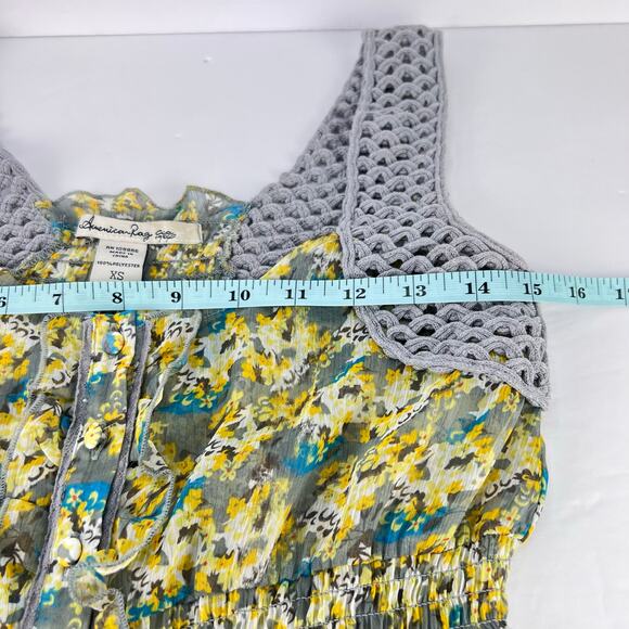 Y2K American Rag Full Button Babydoll Sleeveless Crochet Ruffled Floral Top XS - Picture 10 of 11